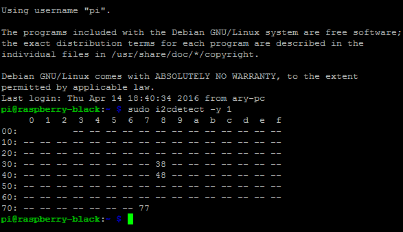 Консоль Raspberrian с данными о I2C устройствах